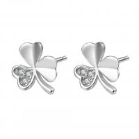 Sterling Silver Stud Earring, Argent sterling 925, Trois Clover Leaf, Plaqué de platine, pour femme & avec strass Vendu par paire