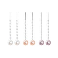 Sterling Silver Thread Through Earrings, 925 Sterling Silver, with Freshwater Pearl, Round, silver color plated & oval chain & for woman 40mm 