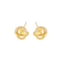 Brass Earring Stud Component, Geometrical Pattern, gold color plated, DIY & micro pave cubic zirconia & hollow 