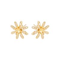 Brass Earring Stud Component, Flower, gold color plated, DIY & micro pave cubic zirconia 