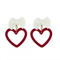 Fluffy Pom Pom Earrings, Plush, with Plastic & Zinc Alloy, Heart, gold color plated & for woman & hollow, red 
