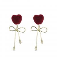 Fluffy Pom Pom Earrings, Brass, with Plush, gold color plated, micro pave cubic zirconia & for woman, red 