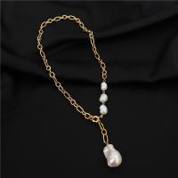 Freshwater Pearl Brass Necklace, with Freshwater Pearl, gold color plated, for woman & with rhinestone, white Approx 17.72 Inch 