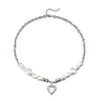 Titanium Steel Jewelry Necklace, with Freshwater Pearl, with 1.96 inch extender chain, Unisex & micro pave cubic zirconia, white Approx 19.68 Inch 