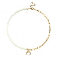 Stainless Steel Jewelry Necklace, with Plastic Pearl, with 1.97inch extender chain, Moon, plated, for woman .78 Inch 