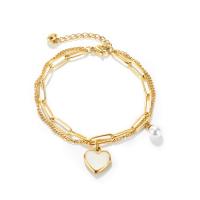 Stainless Steel Charm Bracelet, with Shell & Plastic Pearl, with 1.57inch extender chain, Heart, plated, for woman .1 Inch 