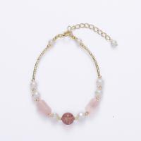 Quartz Bracelets, Rose Quartz, with Freshwater Pearl & Strawberry Quartz & Stainless Steel, for woman, mixed colors cm 