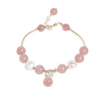 Quartz Bracelets, Strawberry Quartz, with Freshwater Pearl & Stainless Steel, for woman & with rhinestone, mixed colors cm 