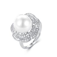 Pearl Brass Finger Ring, with Plastic Pearl, Flower, plated, adjustable & micro pave cubic zirconia & for woman 11.9mm, 17mm, US Ring .5 