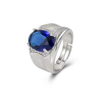 Brass Open Finger Ring, platinum color plated, Adjustable & for man & with rhinestone, blue 