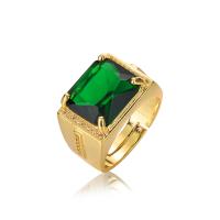 Латунное кольцо с стразами, Латунь, плакирован золотом, Регулируемый & Мужский & со стразами, зеленый, продается PC