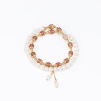 Zinc Alloy Pearl Bracelets, Freshwater Pearl, with Strawberry Quartz & Zinc Alloy, gold color plated, Double Layer & for woman, white, 6mm Approx 5.9 Inch 