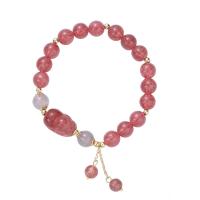 Gemstone Bracelets, Strawberry Quartz, with Moonstone & Brass, gold color plated, for woman, pink Approx 14-19 cm 