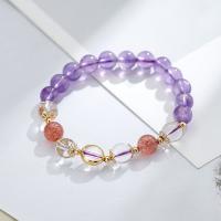 Quartz Bracelets, Amethyst, with Strawberry Quartz & Clear Quartz & Brass, gold color plated, for woman & with rhinestone, mixed colors, 8mm Approx 5.9 Inch 