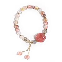 Bracelets quartz, Strawberry Quartz, avec Moonstone & quartz rutile & alliage de zinc, Placage de couleur d'or, pour femme & avec strass, blanc Environ 5.9 pouce, Vendu par PC