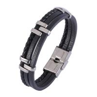 PU Leather Cord Bracelets, with Stainless Steel, fashion jewelry & multilayer & woven pattern, black 