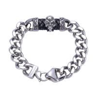 Stainless Steel Charm Bracelet, with PU Leather, Skull, fashion jewelry & curb chain 