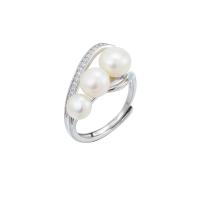 Pearl Sterling Silver Finger Ring, 925 Sterling Silver, with Freshwater Pearl, platinum plated, adjustable & for woman & with rhinestone, 11.4mm, 5.5mm, 6.5mm, 7mm, US Ring 