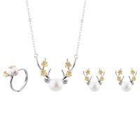 Sterling Silver Pearl Necklace, 925 Sterling Silver, with Freshwater Pearl, Antlers, platinum plated, oval chain & for woman, 13.5mm, 6mm 7.5mm 6mm Approx 15.74 Inch 