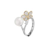 Pearl Sterling Silver Finger Ring, 925 Sterling Silver, with Freshwater Pearl, Flower, plated & for woman & with rhinestone, 14.6mm, US Ring 