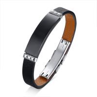 Leather Bangle, with Stainless Steel, for man, black .06 Inch 