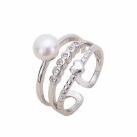 925 Sterling Silver Cuff Finger Ring, with Freshwater Pearl, Heart, platinum plated & micro pave cubic zirconia & for woman, 12mm, 6mm, US Ring .5-6.5 