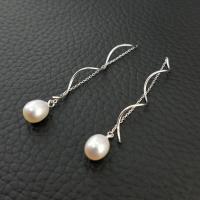 Sterling Silver Thread Through Earrings, 925 Sterling Silver, with Freshwater Pearl, platinum plated, oval chain & for woman 43.6mm, 7mm 