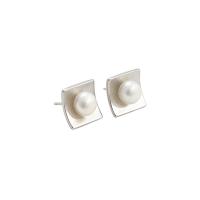Sterling Silver Natural Pearl Stud Earring, 925 Sterling Silver, with Freshwater Pearl, Square, plated, Korean style & for woman 6.5mm 