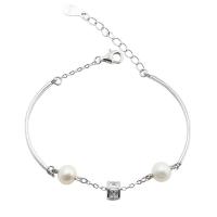 Pearl Sterling Silver Bracelets, 925 Sterling Silver, with Freshwater Pearl, with 1.37inch extender chain, platinum plated & for woman, 4.4mm, 6mm Approx 6.7 Inch 