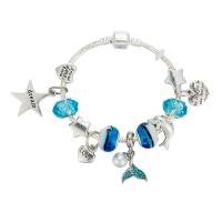 Zinc Alloy European Bracelets, with Lampwork, Mermaid tail, plated & for woman & with rhinestone, blue 