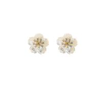 Cubic Zirconia Micro Pave Brass Earring, with White Shell, Flower, gold color plated, micro pave cubic zirconia & for woman 