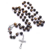 Rosary Necklace, Tiger Eye, with Zinc Alloy, Crucifix Cross, plated, Unisex, mixed colors, 8mm cm 