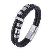 PU Leather Cord Bracelets, with Stainless Steel, fashion jewelry & multilayer & woven pattern, black 