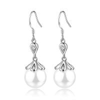 Sterling Silver Pearl Drop Earring, 925 Sterling Silver, with Shell Pearl, Round, micro pave cubic zirconia & for woman 