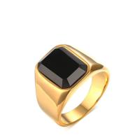 Stainless Steel Finger Ring, with Black Agate, gold color plated & for man 
