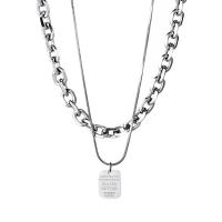 Titanium Steel Jewelry Necklace, with 1.96inch extender chain, Rectangle, Double Layer & Unisex & oval chain & with letter pattern Approx 17.7 Inch 