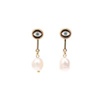 Evil Eye Earrings, Brass, with Freshwater Pearl, gold color plated, for woman & enamel 