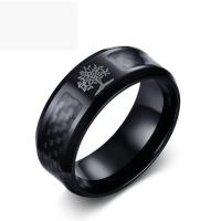 Stainless Steel Finger Ring, with Carbon Fibre, polished, tree of life design & for man, black, 8mm 