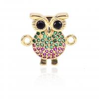 Cubic Zirconia Micro Pave Brass Connector, Owl, plated, micro pave cubic zirconia, golden 