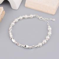 Bracelets en laiton, avec perle de plastique, Placage de couleur argentée, pour femme, blanc Environ 8.46 pouce, Vendu par PC