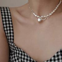 Ожерелье ручной латунные, Латунь, с Пластиковая жемчужина, плакирован серебром, Женский длина:Приблизительно 20.87 дюймовый, продается PC