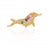Cubic Zirconia Micro Pave Brass Connector, Dolphin, plated, micro pave cubic zirconia, golden 