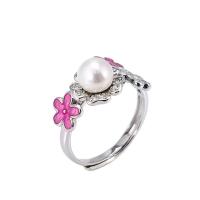 Pearl Sterling Silver Finger Ring, 925 Sterling Silver, with Freshwater Pearl, Flower, platinum plated, adjustable & for woman, 11mm, 6mm, US Ring 