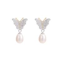 Sterling Silver Pearl Drop Earring, 925 Sterling Silver, with Freshwater Pearl, Butterfly, plated, for woman & with rhinestone 7mm 