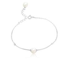 Pearl Sterling Silver Bracelets, 925 Sterling Silver, with Freshwater Pearl, platinum plated, oval chain & for woman, 6mm Approx 6.3 Inch 