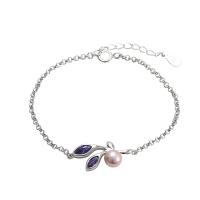 Pearl Sterling Silver Bracelets, 925 Sterling Silver, with Freshwater Pearl, with 1.18inch extender chain, Leaf, platinum plated, fashion jewelry & for woman 6mm Approx 6.1 Inch 