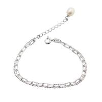 Pearl Sterling Silver Bracelets, 925 Sterling Silver, with Freshwater Pearl, with 1.57inch extender chain, platinum plated, Double Layer & ball chain & for woman, 2.5mm, 6mm Approx 6.1 Inch 