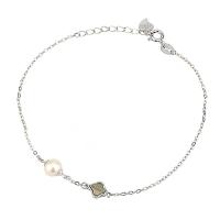 Pearl Sterling Silver Bracelets, 925 Sterling Silver, with Freshwater Pearl, Four Leaf Clover, platinum plated, Korean style & oval chain & for woman, 10.6mm, 6.5mm, 3mm Approx 6.69 Inch 