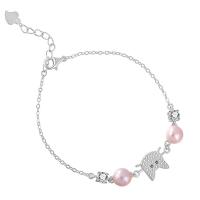 Pearl Sterling Silver Bracelets, 925 Sterling Silver, with Freshwater Pearl, with 1.18inch extender chain, Cat, platinum plated, Korean style & oval chain & for woman & with rhinestone 6mm Approx 6.3 Inch 