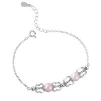 Pearl Sterling Silver Bracelets, 925 Sterling Silver, with Freshwater Pearl, with 1.18inch extender chain, platinum plated, oval chain & micro pave cubic zirconia & for woman & hollow 6.5mm Approx 5.9 Inch 